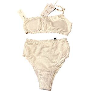 ViX One-Shoulder White Textured Crop Top/Bralette Bikini Gold Hardware XS